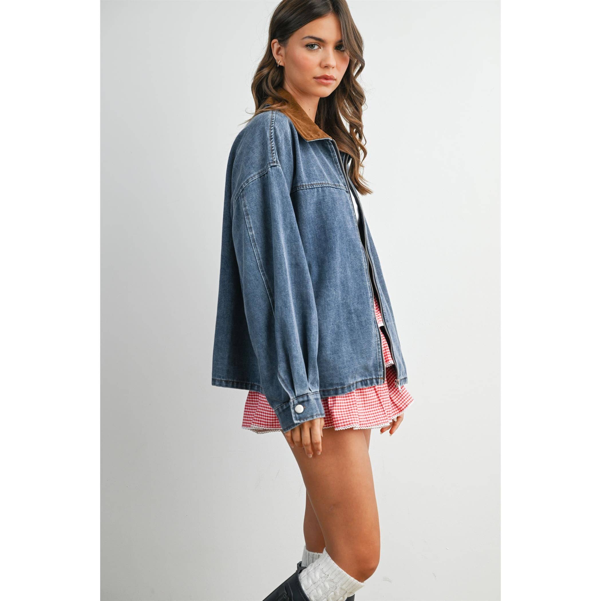 Zip-front Contrast-Collared Denim Jacket - BMJ8115