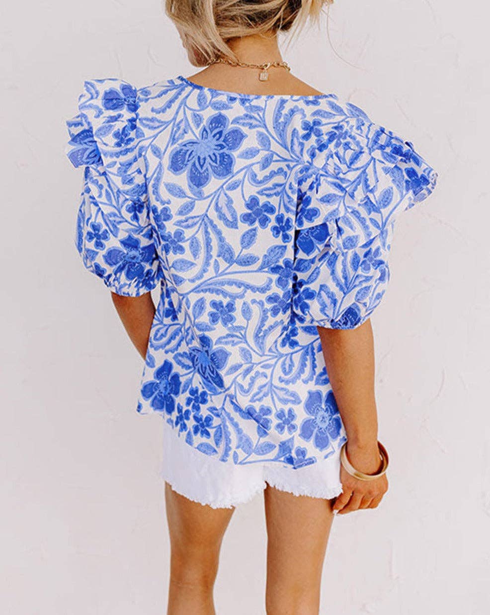 Floral Ruffle Bubble Sleeve Blouse