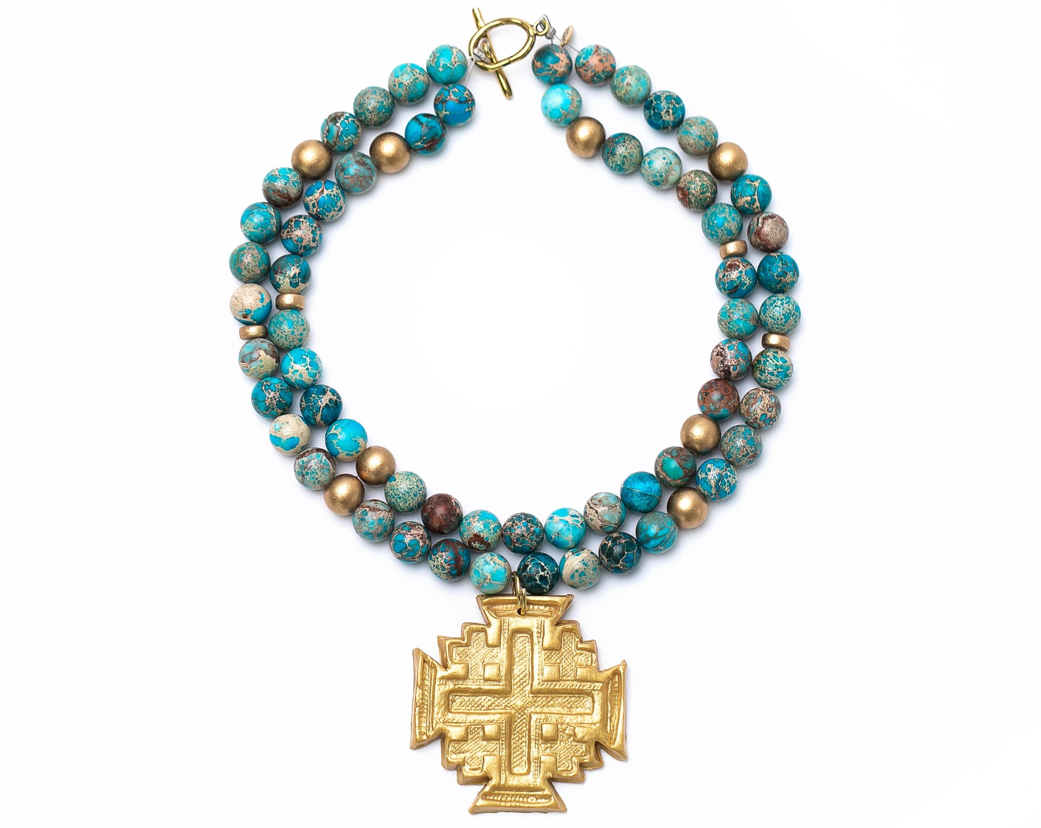 Double Strand Turquoise Sea Sediment Jasper with Jerusalem C