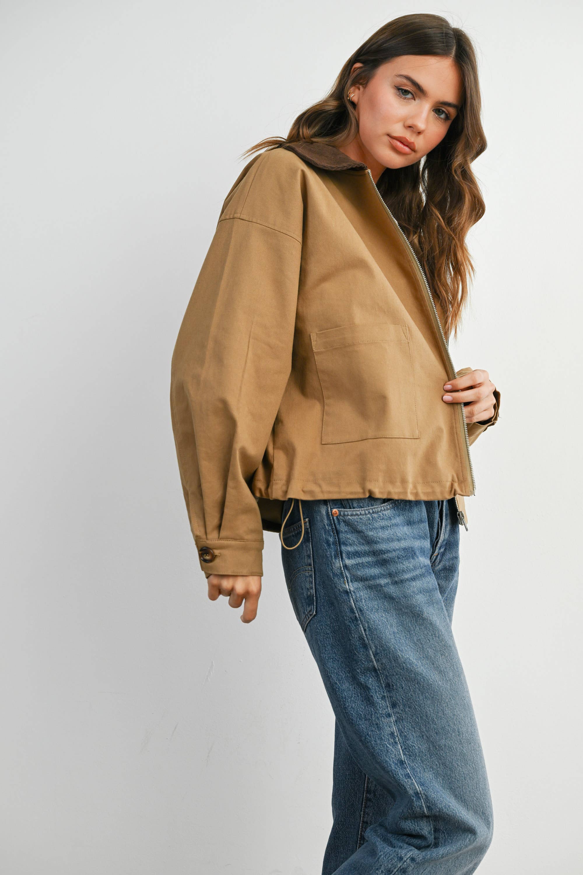 Collared Zip-Up Drawstring Jacket - BMJ7825