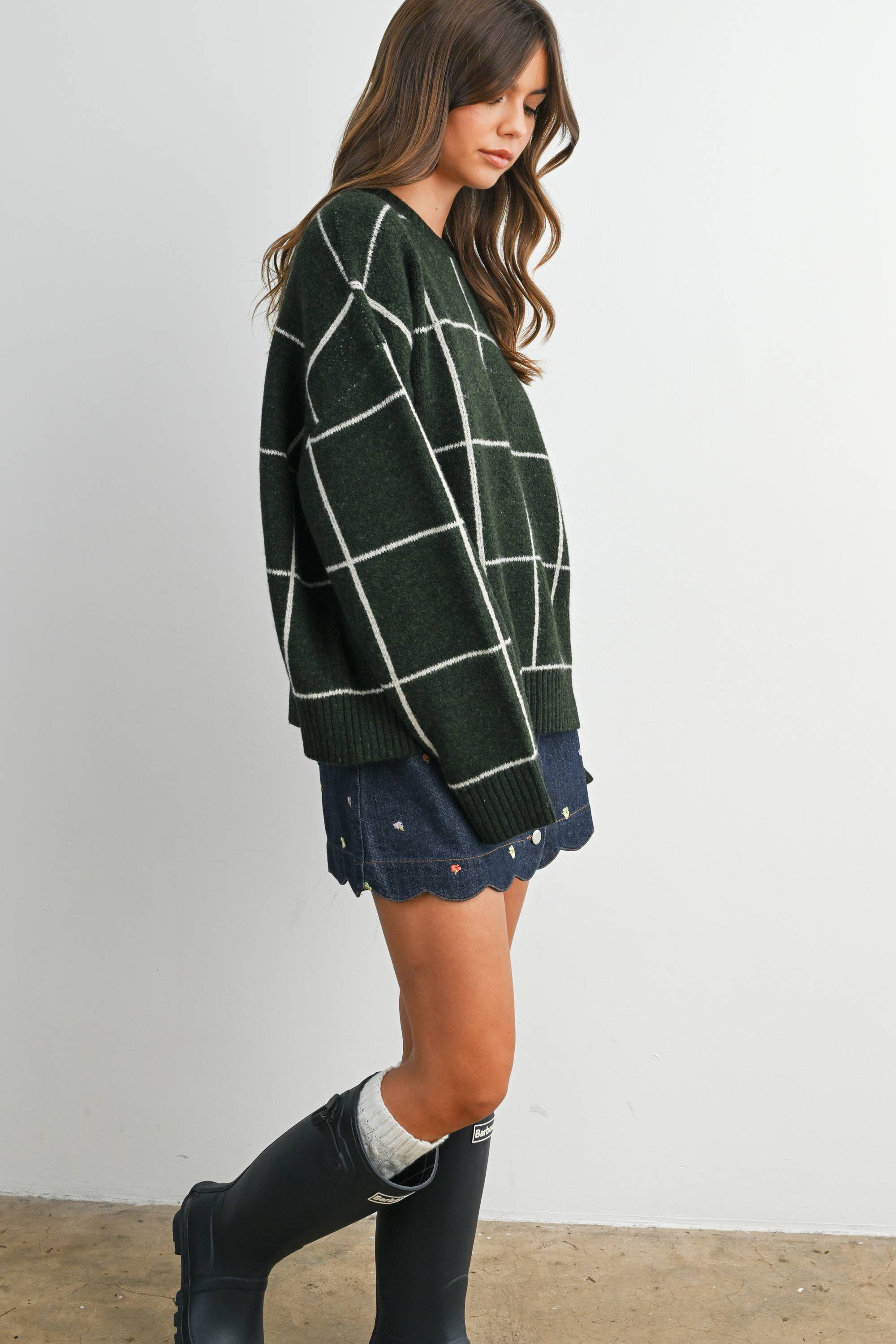 Checkered Crew Neck Knit Sweater - BMW8077