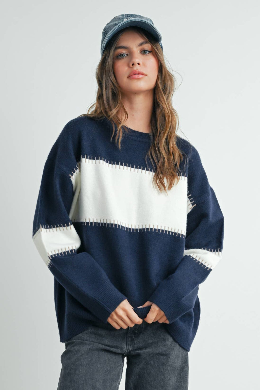 Color Block Striped Crew Neck Sweater - BMW7501