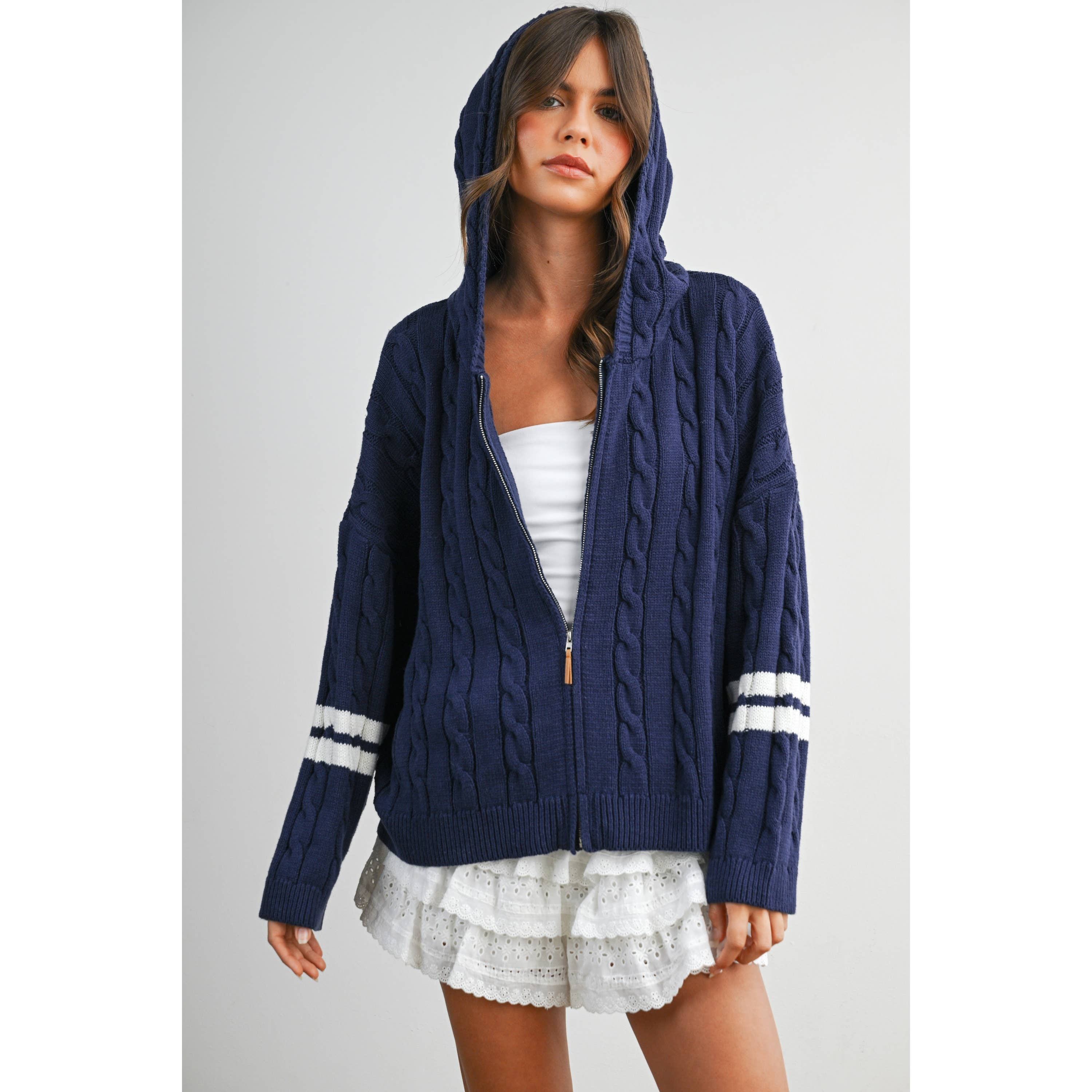 Cable Knit Zip-Up Hoodie Cardigan - BMC8196