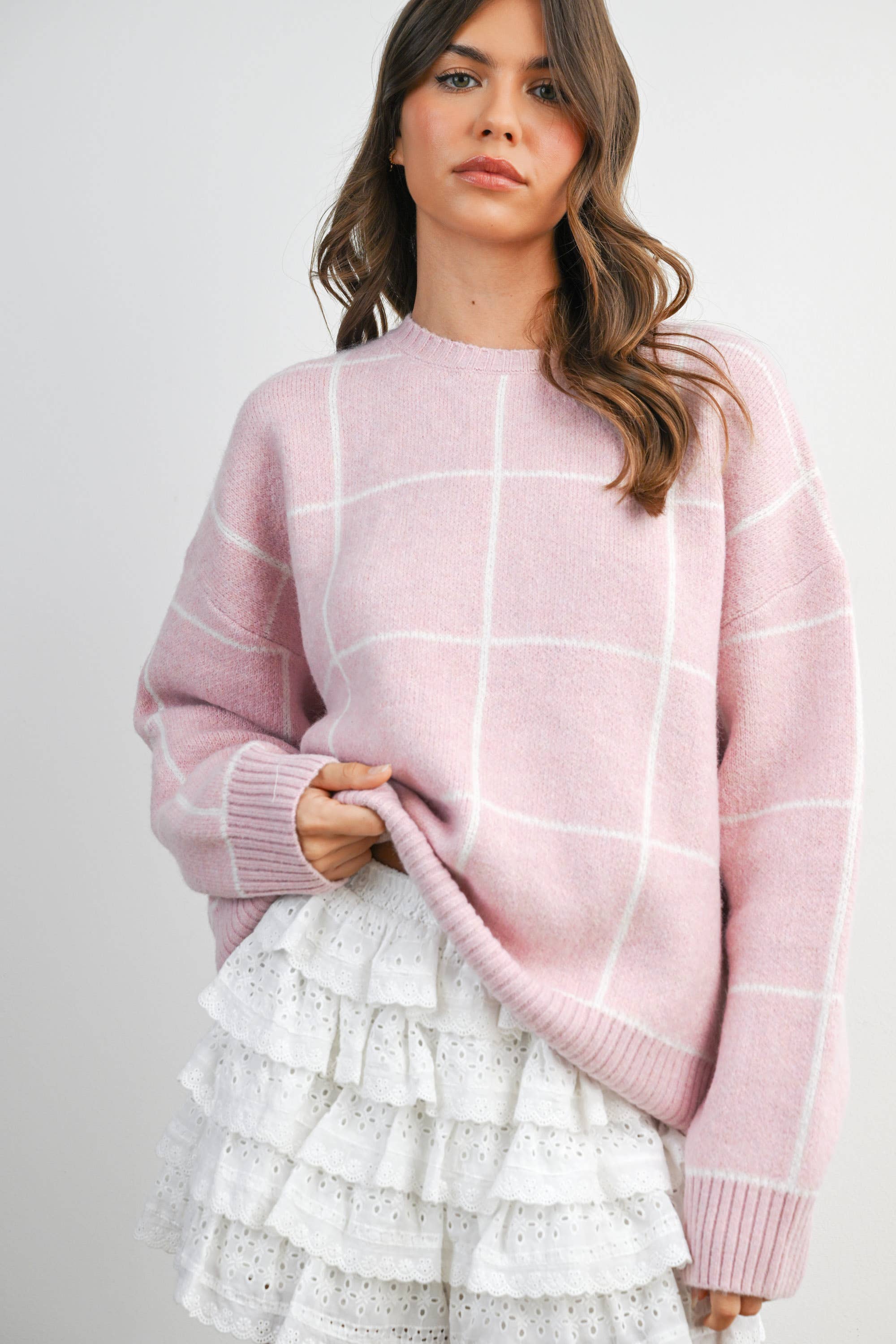 Checkered Crew Neck Knit Sweater - BMW8077