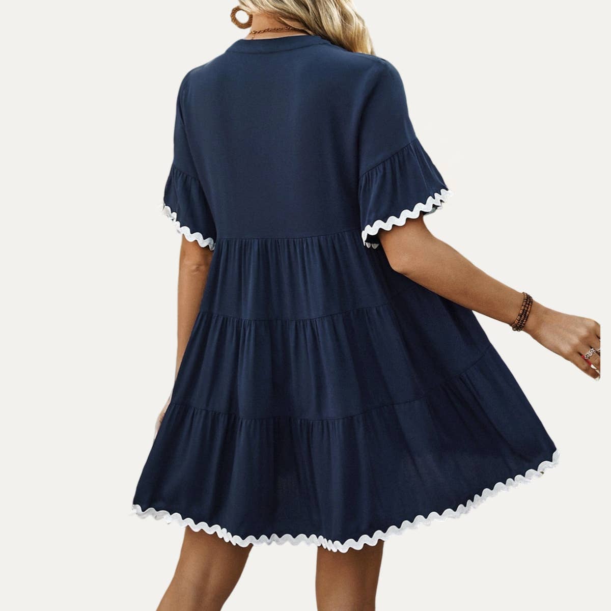 Adorable Navy Button-Front Short Sleeve Babydoll Dress