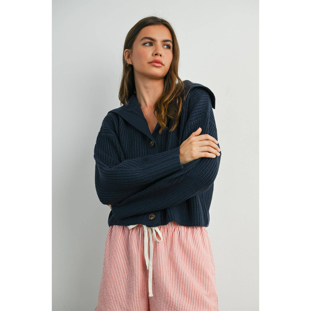 Knit Collared V-Neck Buttoned Long Sleeve Top - BMW7924