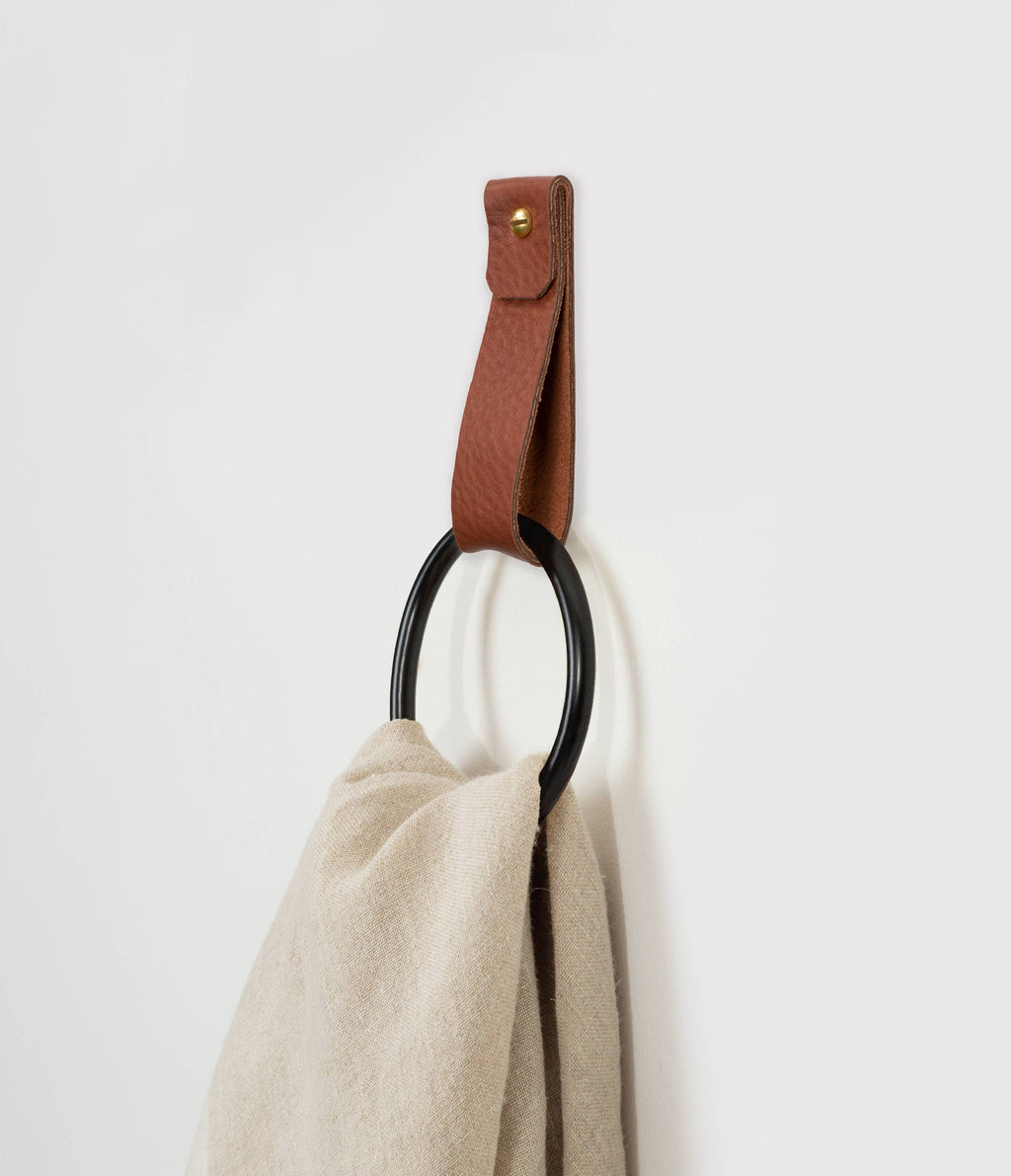 Medium Leather Towel Ring - Brass Finish [Round End]