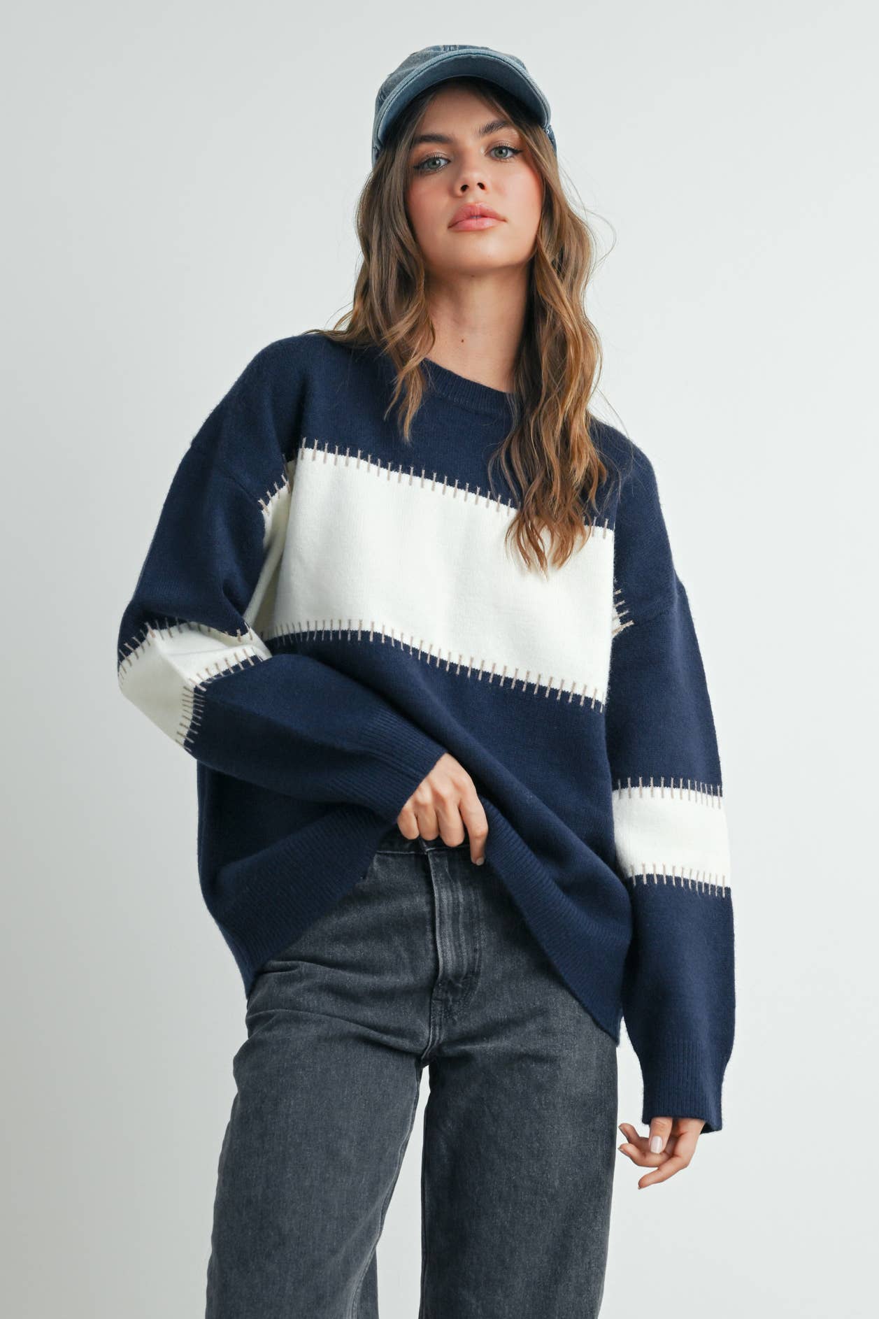 Color Block Striped Crew Neck Sweater - BMW7501