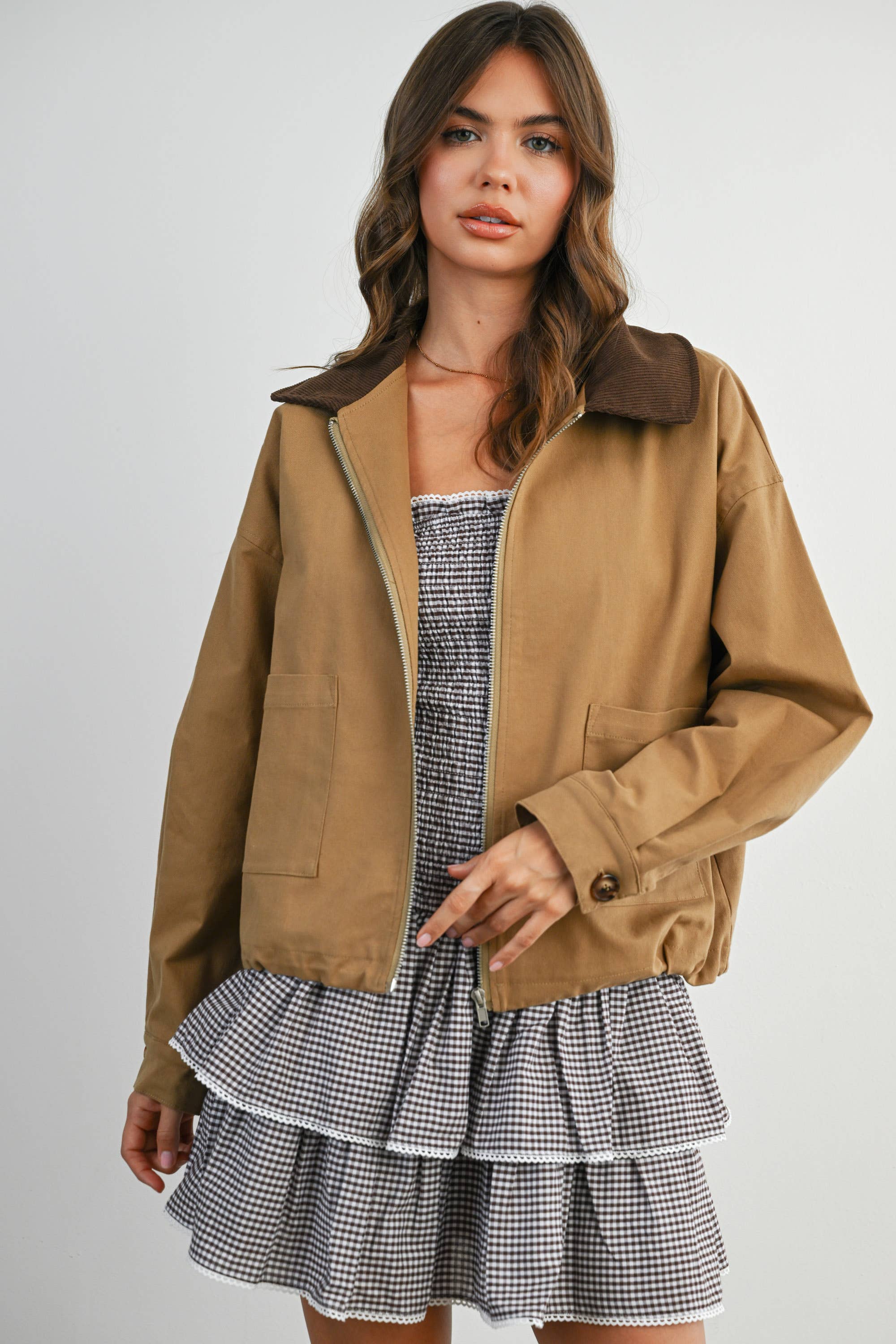 Collared Zip-Up Drawstring Jacket - BMJ7825